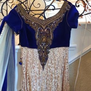 Once Worn Royal Blue Velvet Gold Indian Gown Anarkali Style w Dupatta Small